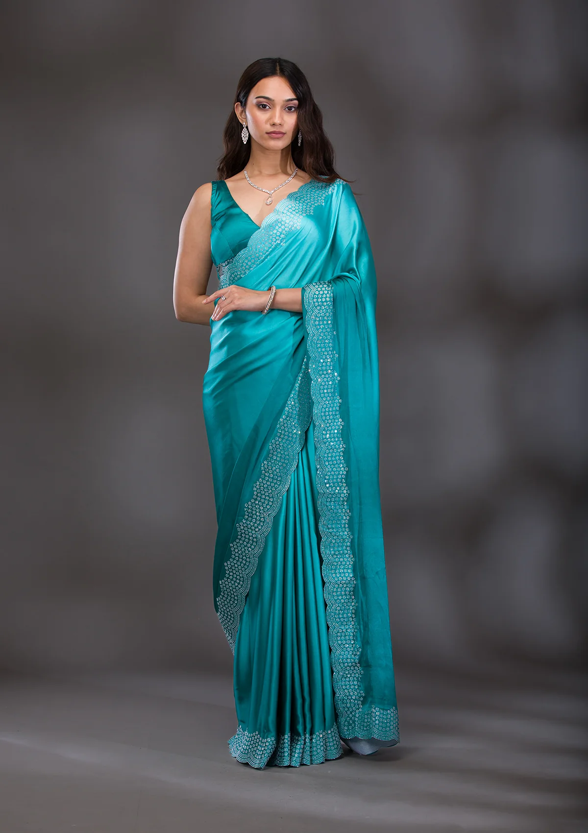 Sea green satin saree