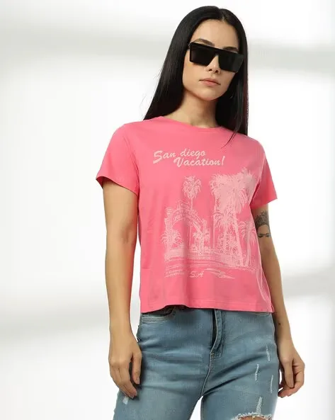 473Wx593H-443065549-pink-MODEL-1.webp Women San Diego Vacation Printed Regular Fit Crew-Neck T-Shirt - Image 1